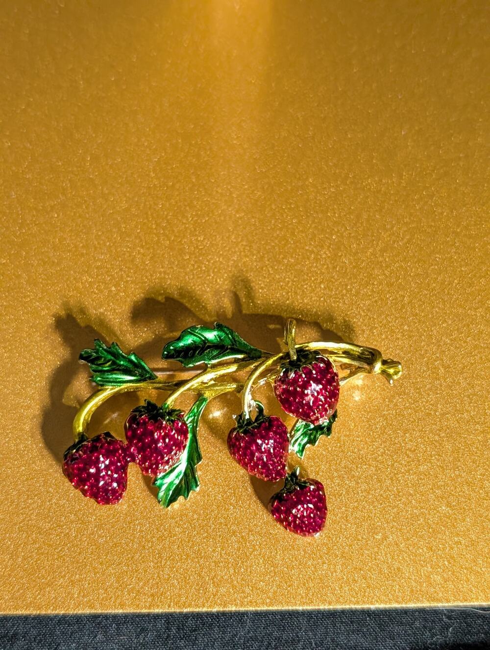 Strawberry Rhinestone Enamel Brooch Pin Red Green Gold Cottagecore Kawaii